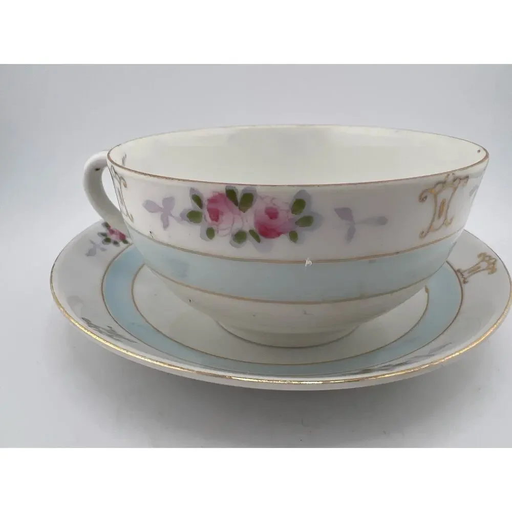 Vintage Tea Cup and Saucer Nippon Blue White Flowers‎ Floral Gold